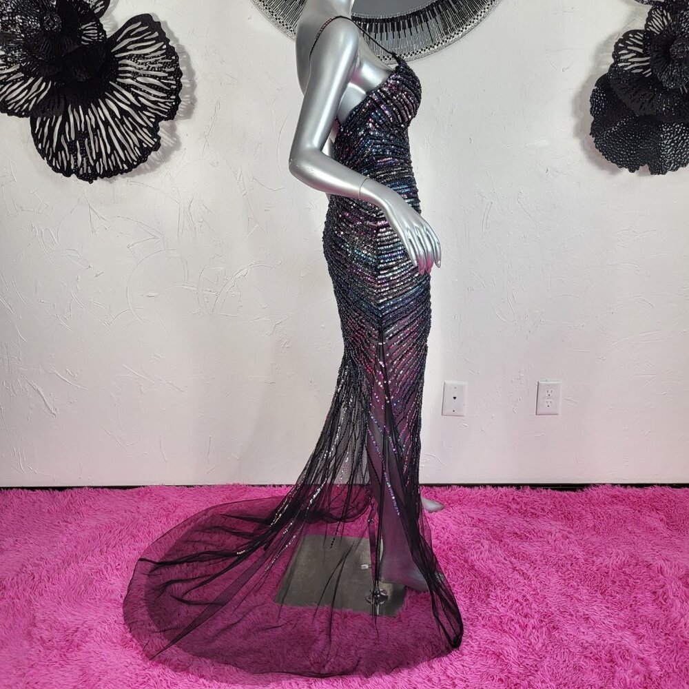 NWT~$990~JOVANI~SZ 2~BLACK PINK BEADED SEQUIN SLIT PROM EVENING GOWN DRESS - Picture 5 of 16